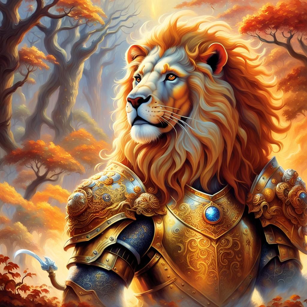 Armored Lion Victorious in Fiery Fantasy Style