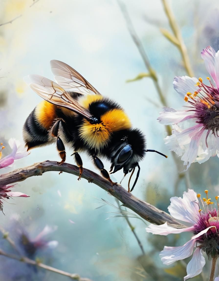 Watercolor Bumblebee and Sparrow in Surreal Flower