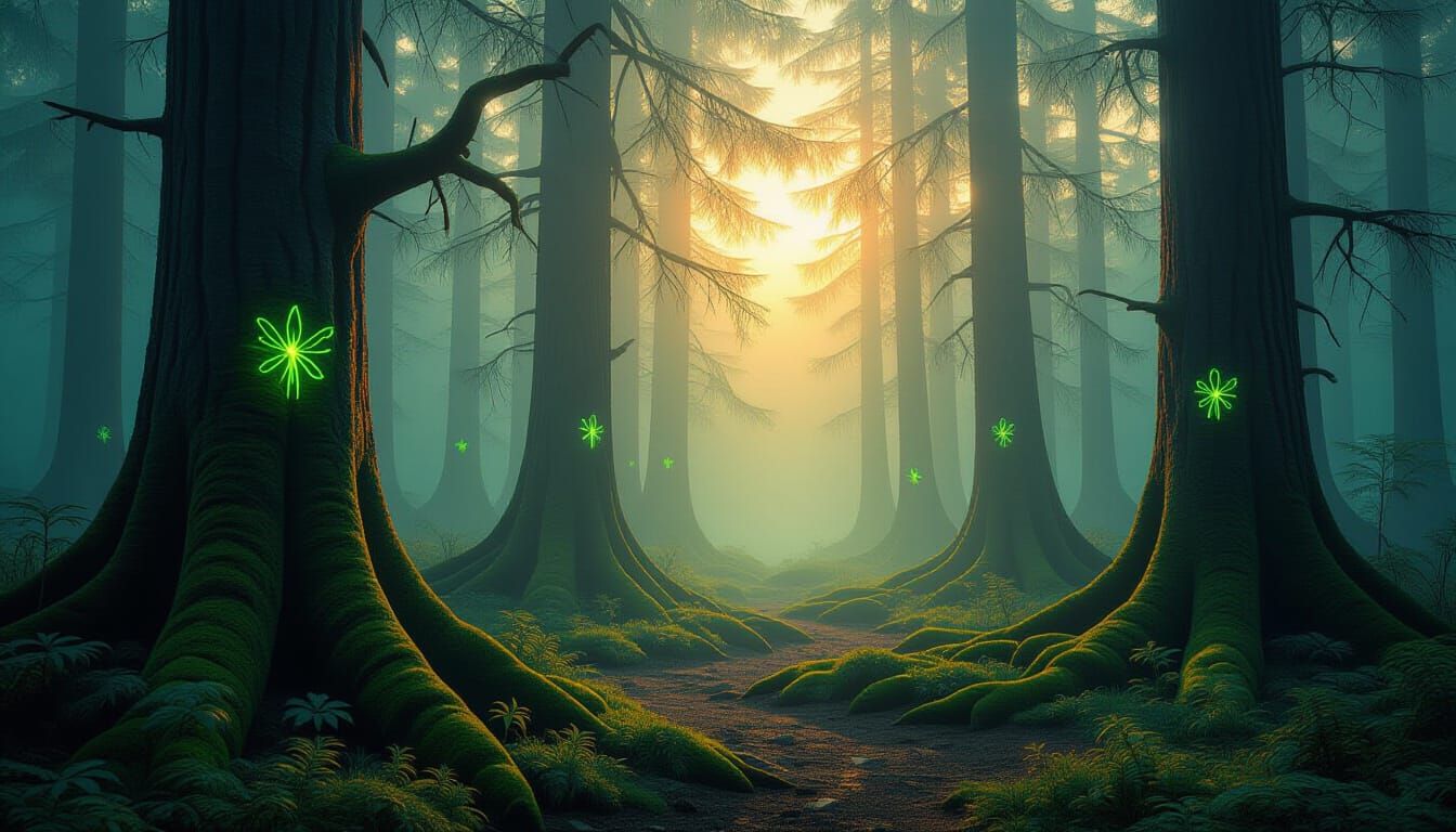 Neon Woodland at Dawn with Fractal Insects