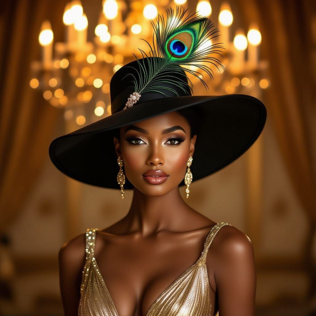 Elegant Lady in Gold Gown and Peacock Hat