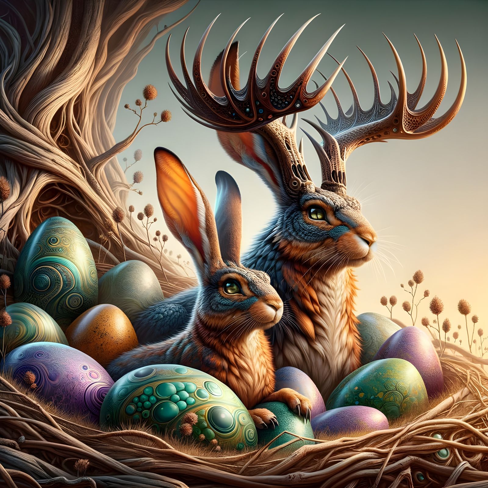 Majestic Jackalopes Guard Vibrant Eggs in Sunset Nest