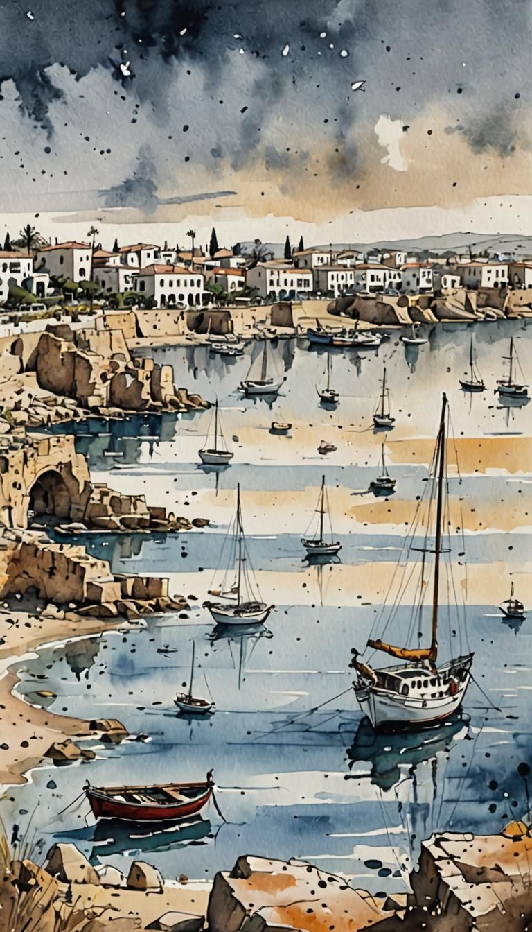 Paphos Cyprus Seaside in Watercolor and Ink
