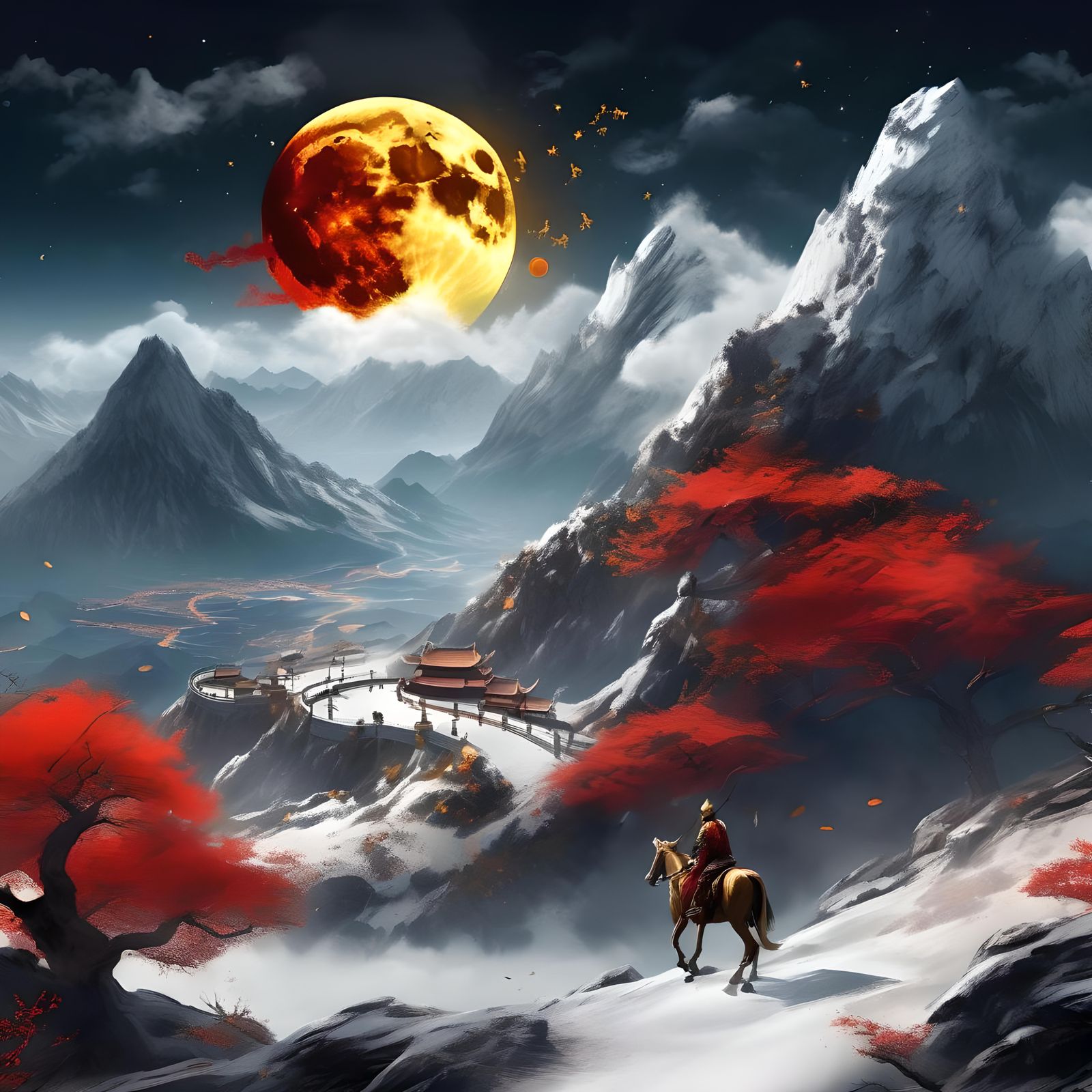 Dragon Rider in Spring Landscape, Chinese Painting Style