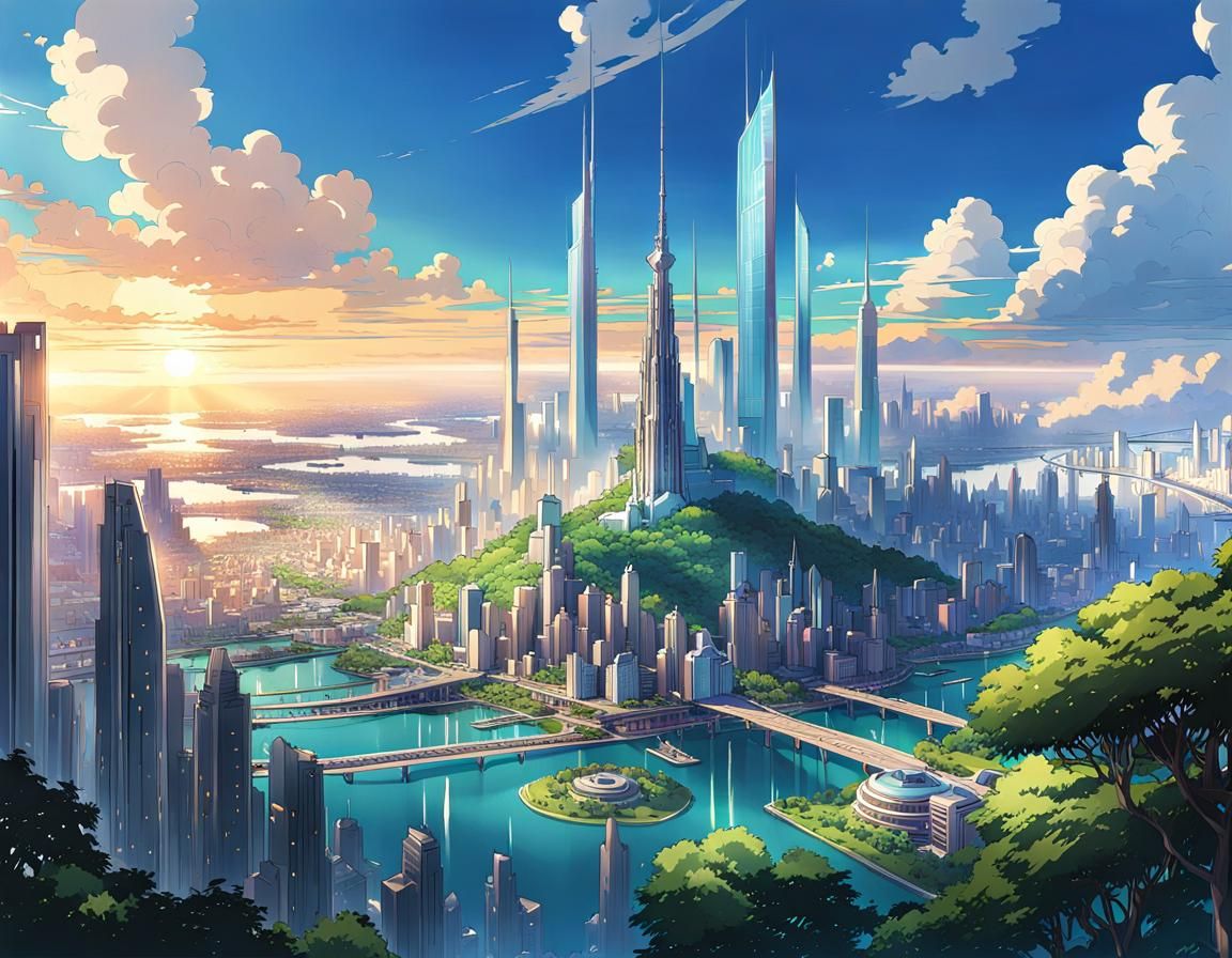 Futuristic Fantasy City Utopia in Anime Style
