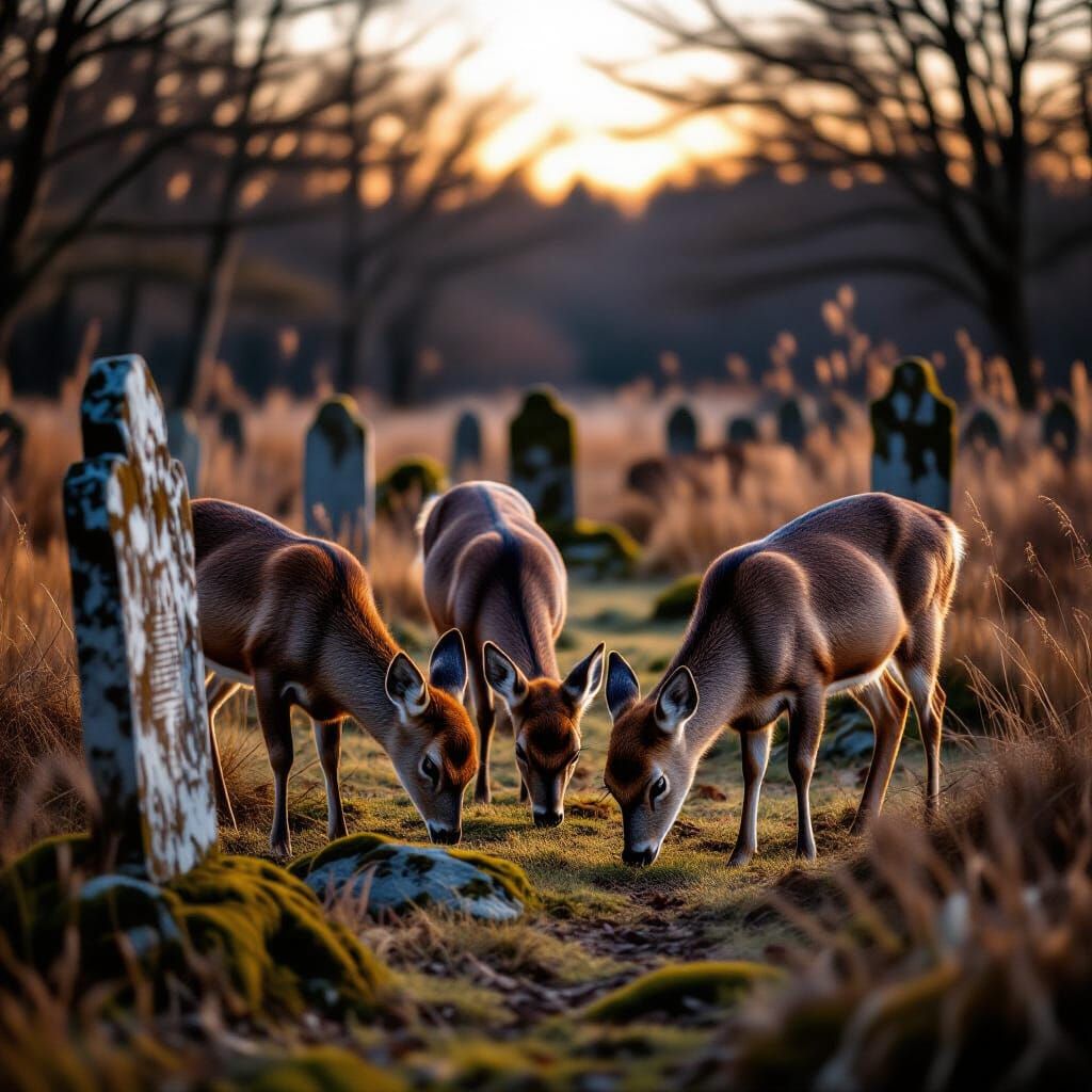 Three Deer in Sacred Burial Ground at Twilight