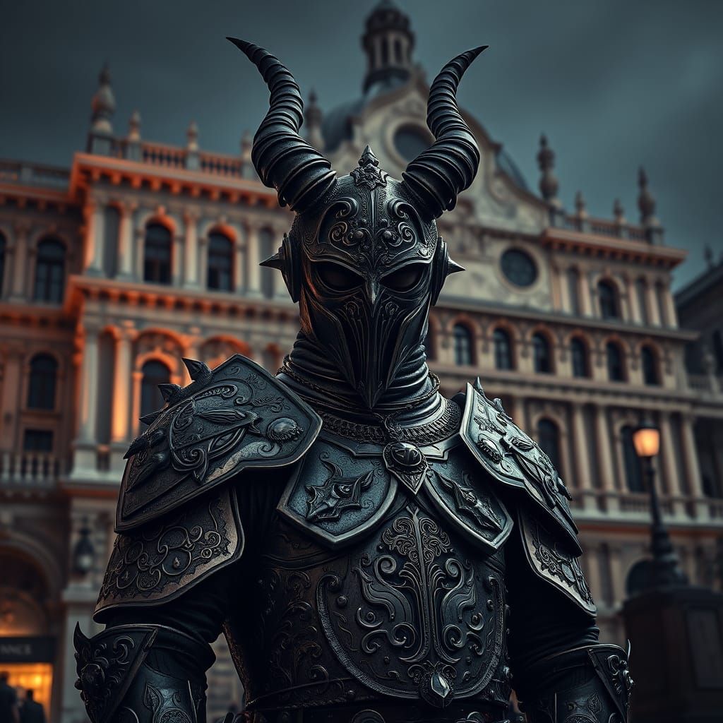 Shamanic Warrior in Noir-Inspired Cityscape, Venetian Patter...