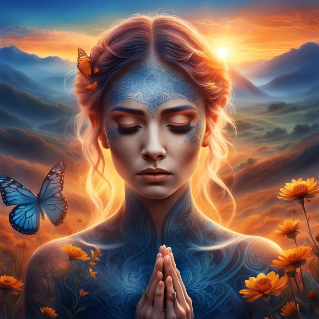 Blue Tattoo Portrait in Sunset Landscape