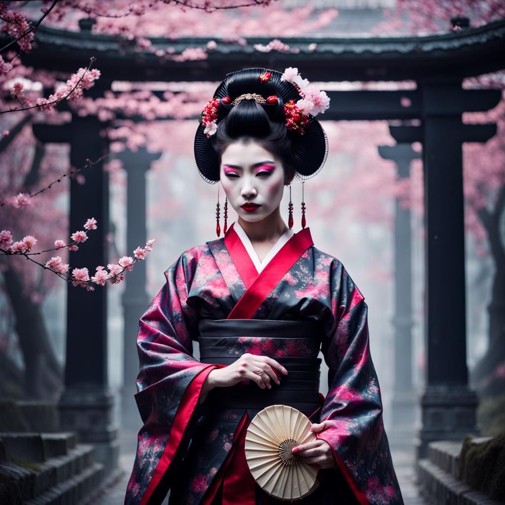 Geisha Enchantress in Dreamy Cherry Blossom Castle