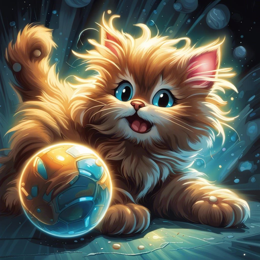 Fluffy Kitten Plays with Wool Ball in Comic Book Art