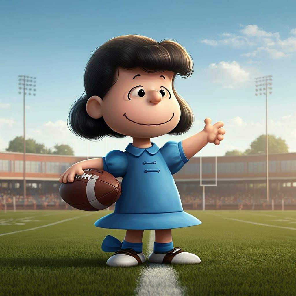 Lucy from Peanuts Beckons on Football Field