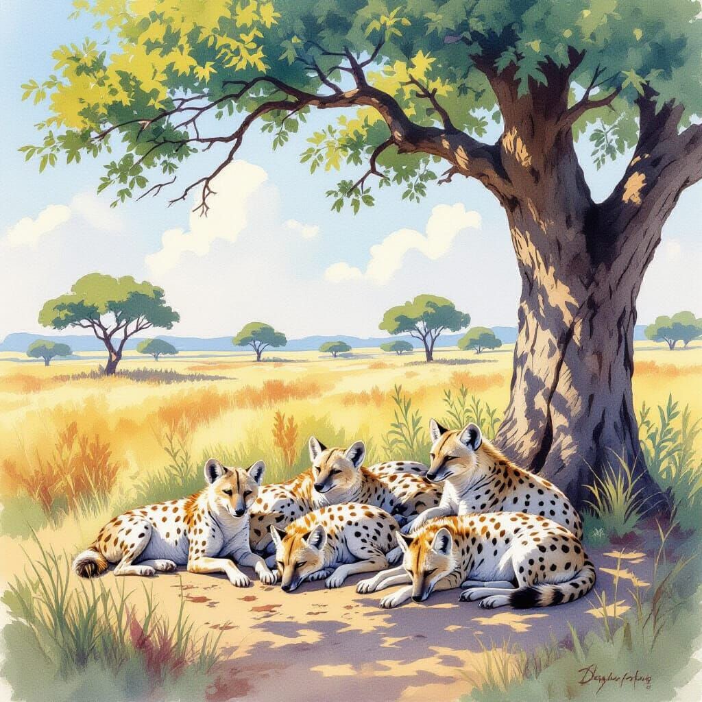 Spotted Hyenas Resting in Tree Shade - Watercolor Style
