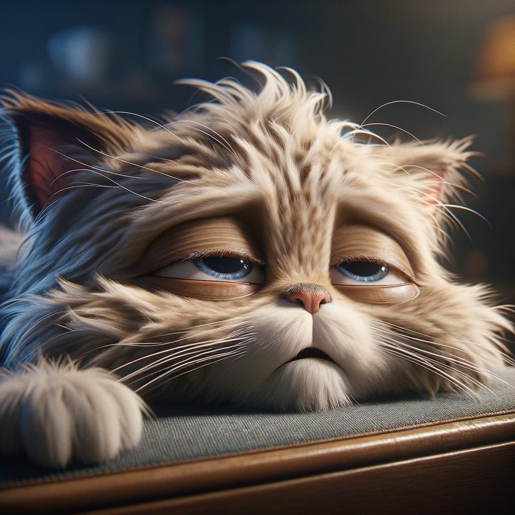 Exhausted Fluffy Cat's Humorous Battle with Sleep