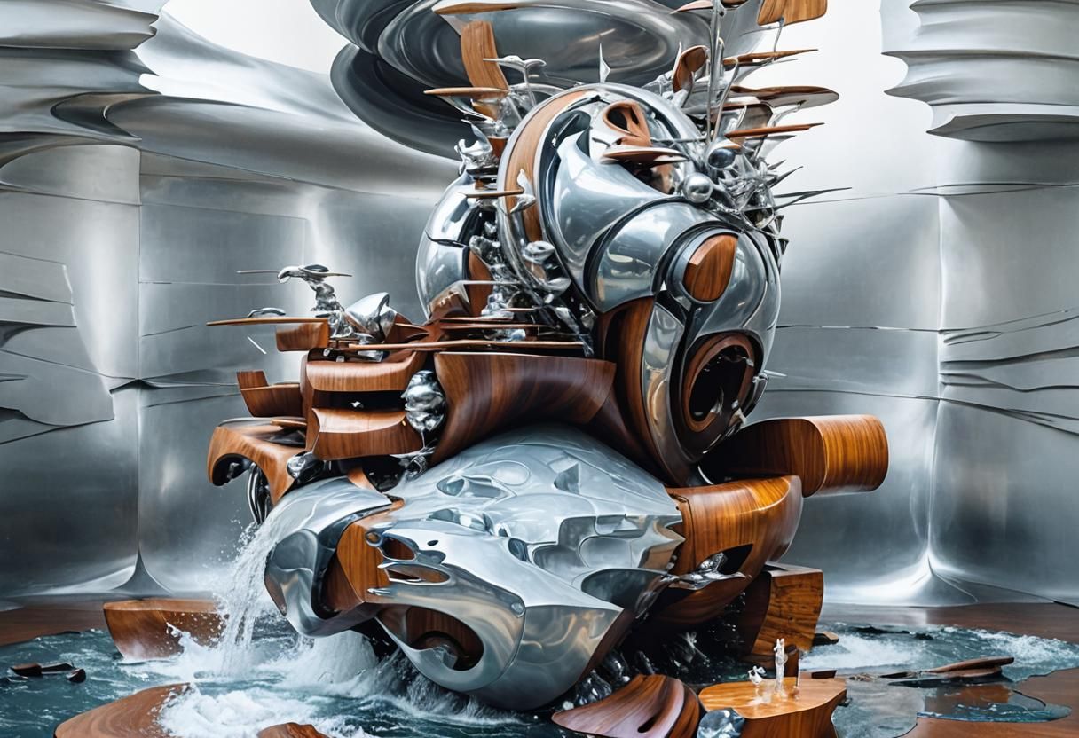 Abstract Wood and Silver Sculpture in Museum