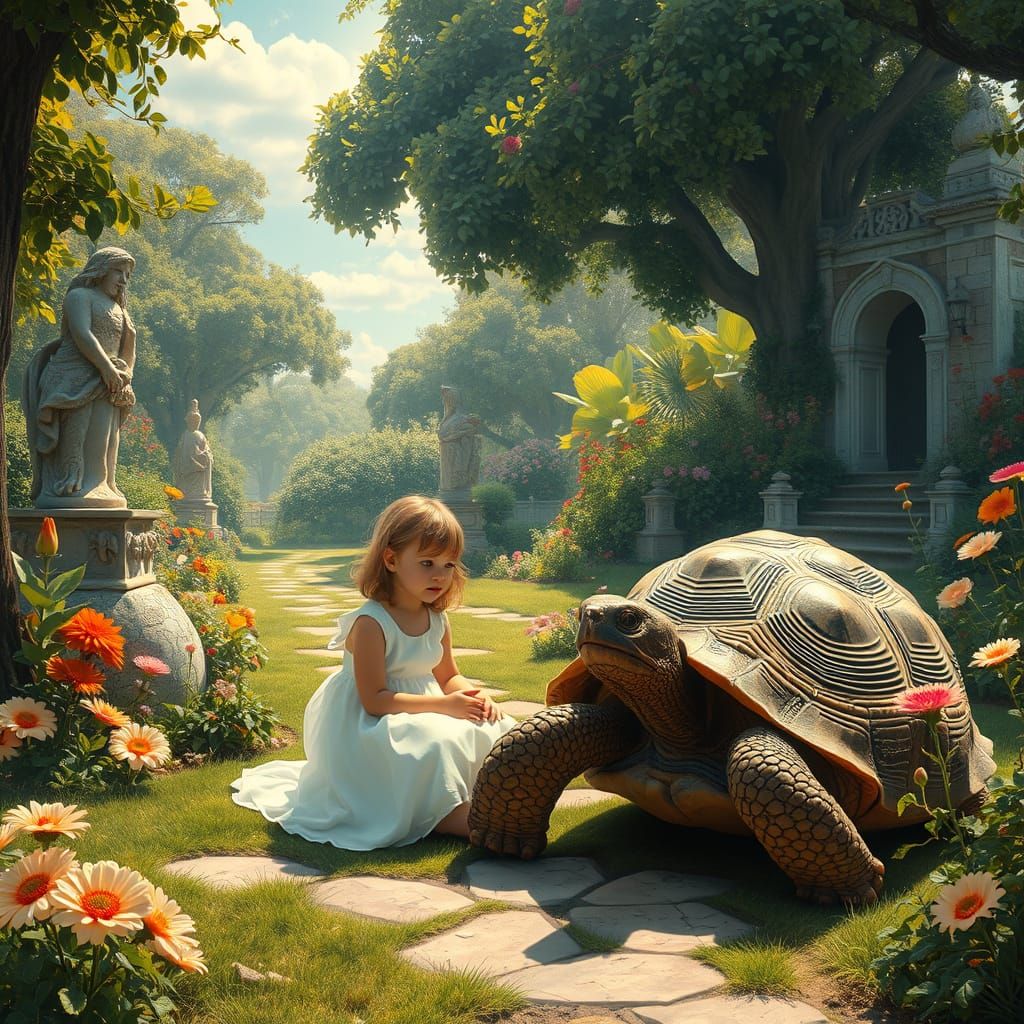 Child and Tortoise in Ethereal Garden Scene