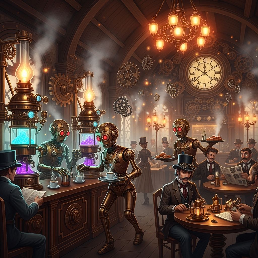 Steampunk Coffeehouse with Clockwork Automatons