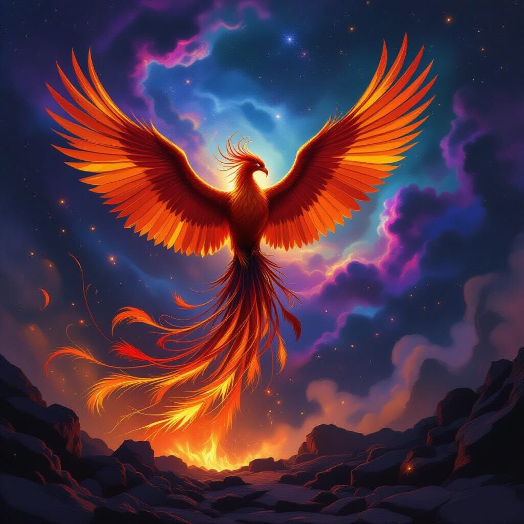Majestic Phoenix Rises from Ashes in Cosmic Nebula