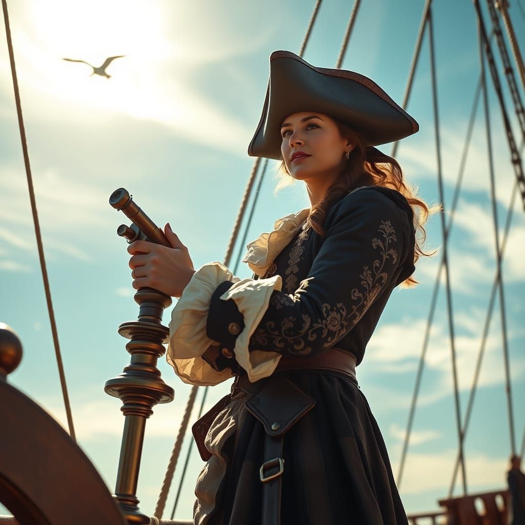 Confident Female Pirate Captain Takes Celestial Measurements...