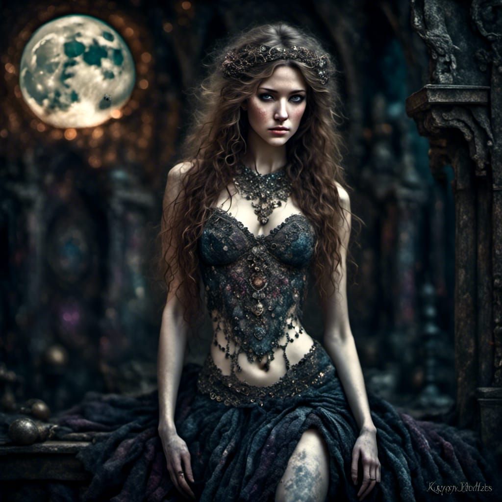 Mesmerizing Temptress Under Crescent Moon in Romantic Style