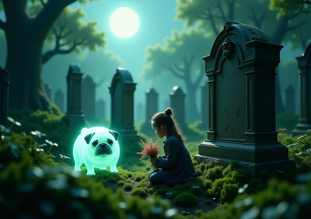 Ghost Pug in Moonlit Graveyard, Tim Burton Style