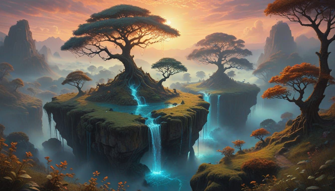 Surreal Fantasy Dreamscape with Floating Islands and Etherea...