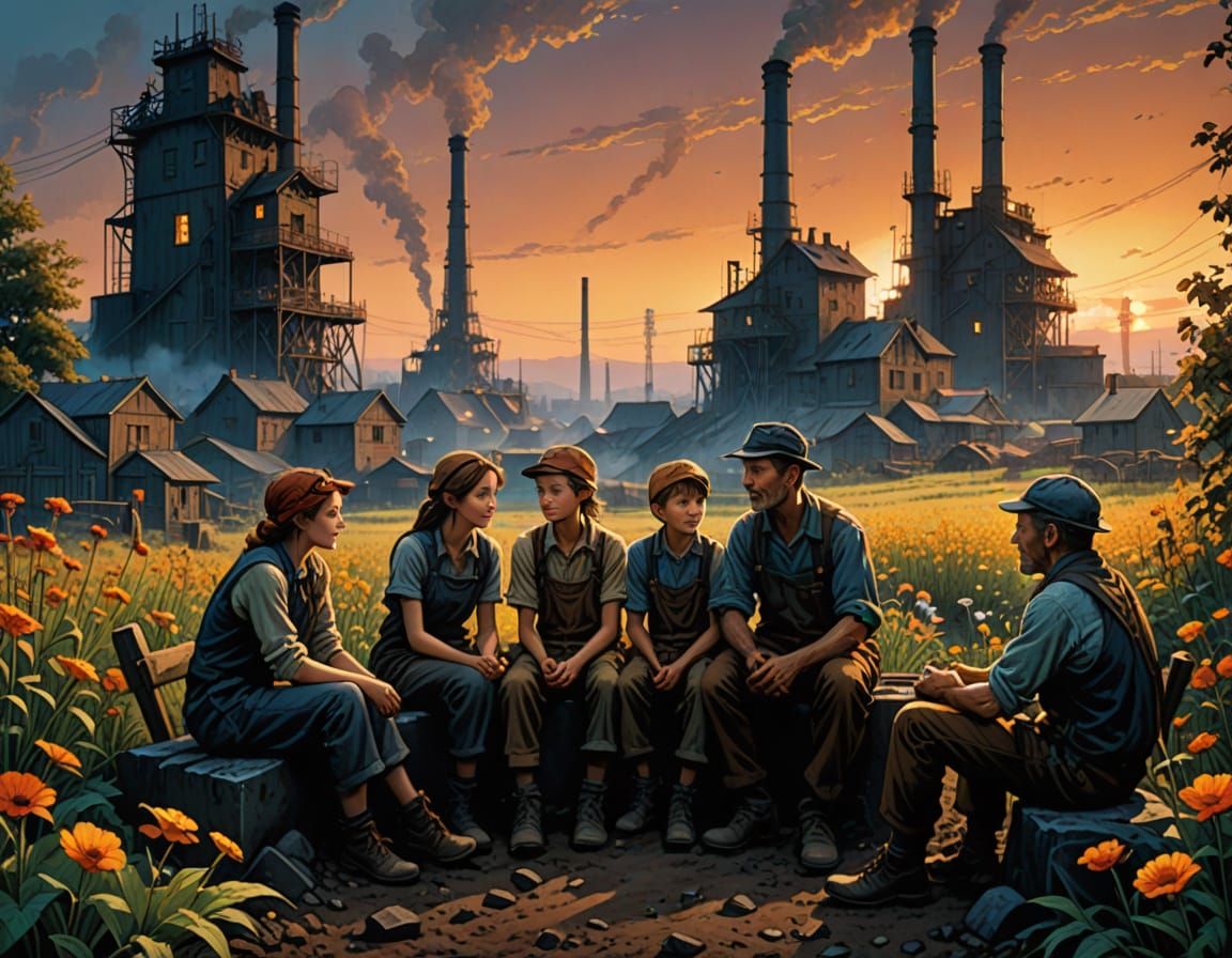 Coal Miner Family in Whimsical Garden Scene, in the Style of...