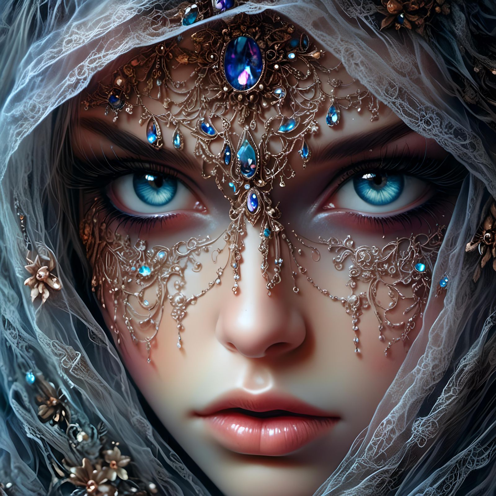 Veiled Woman with Spectral Eyes in Twilight