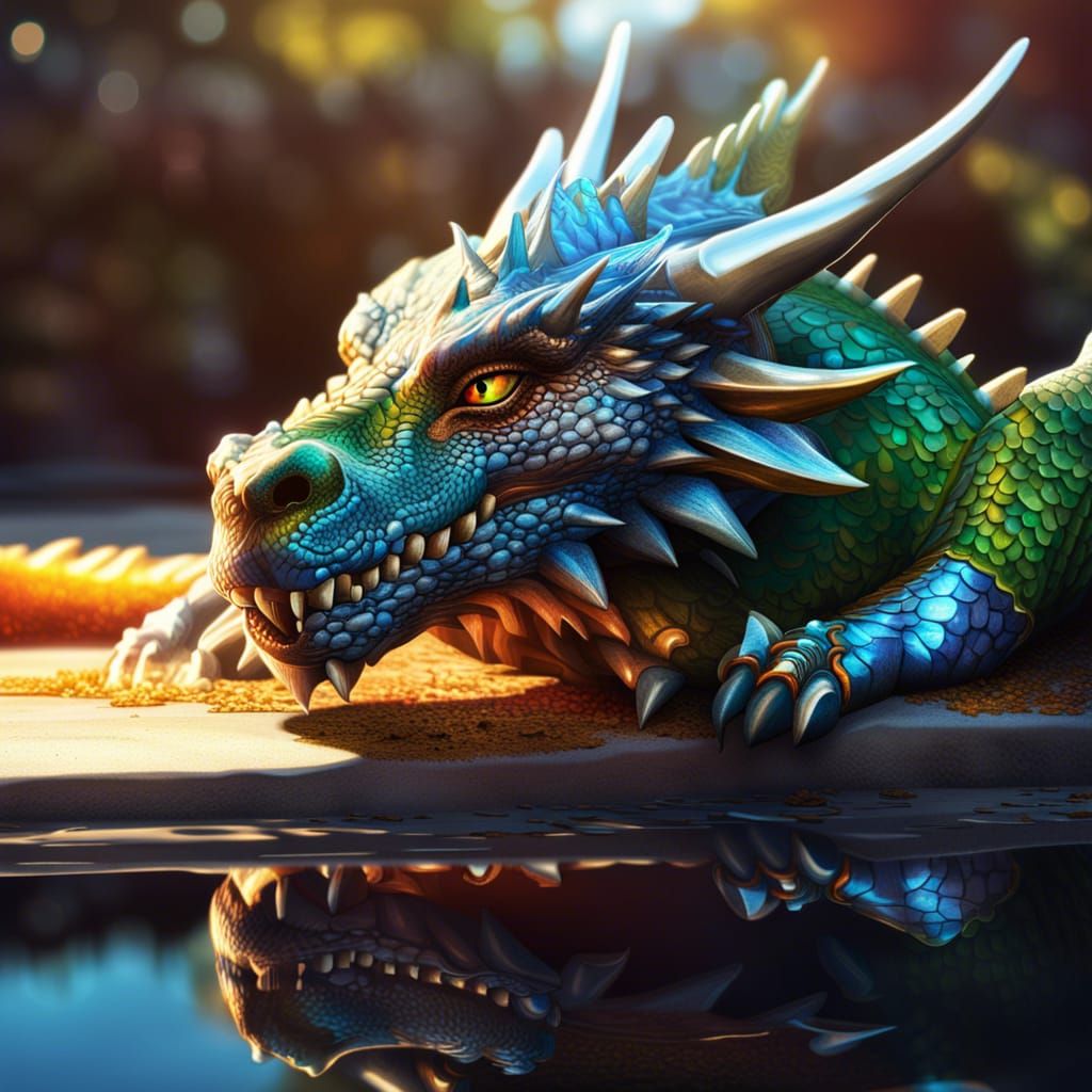 Refracting Dragon in Sunlight: Hyperrealistic Splash Art