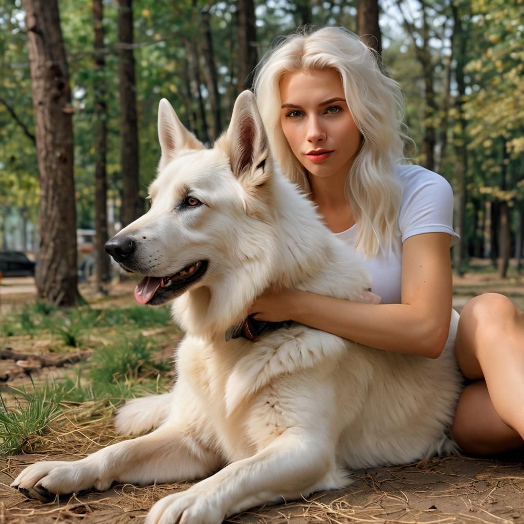 Protective White Shepherd with Woman