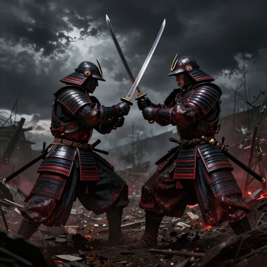 Samurai Warriors Clash on Stormy Battlefield