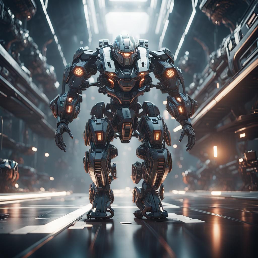 Man Drives Intricate Mech Suit in Sci-Fi City