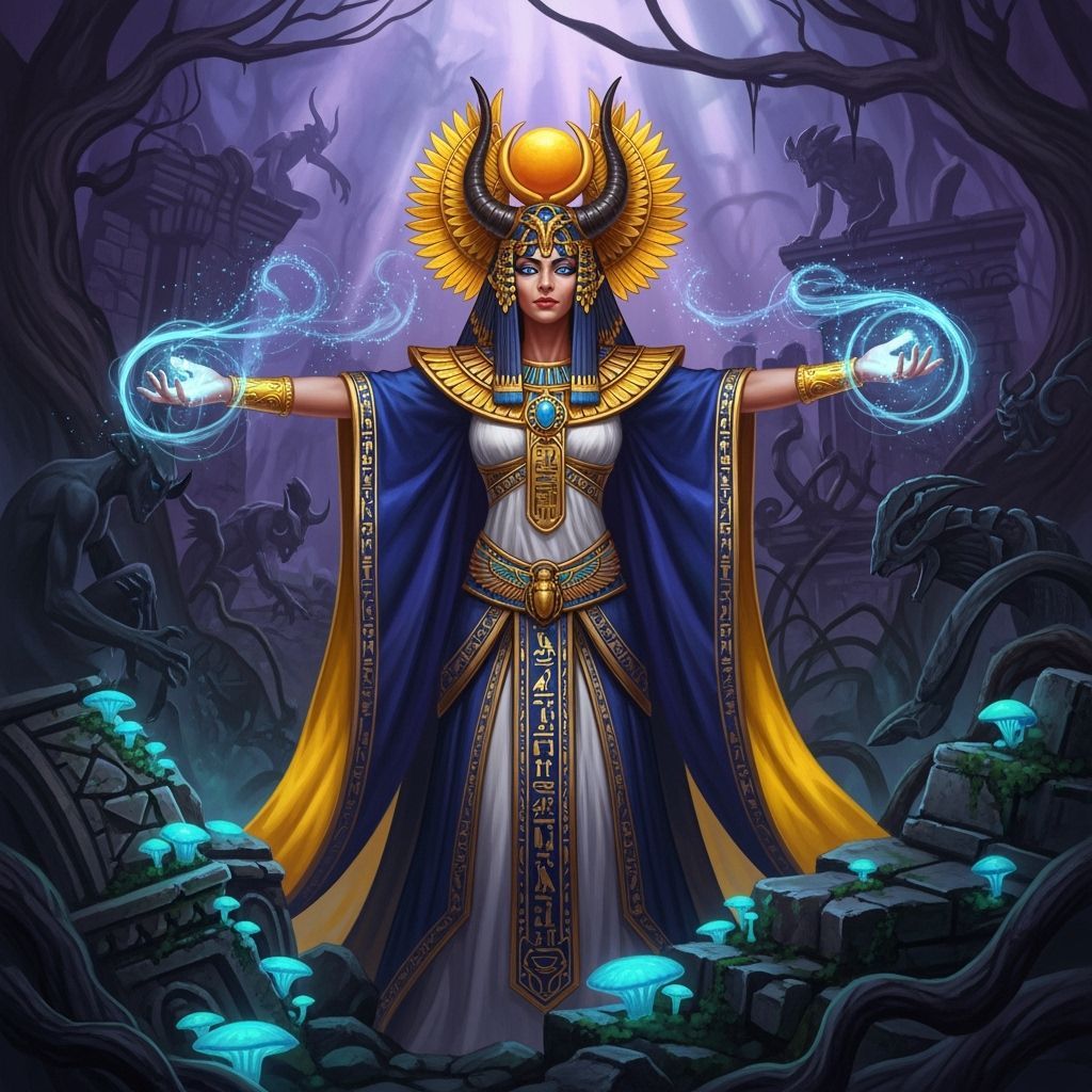 Isis, Egyptian Goddess Casting a Spell in Dark Fantasy Art