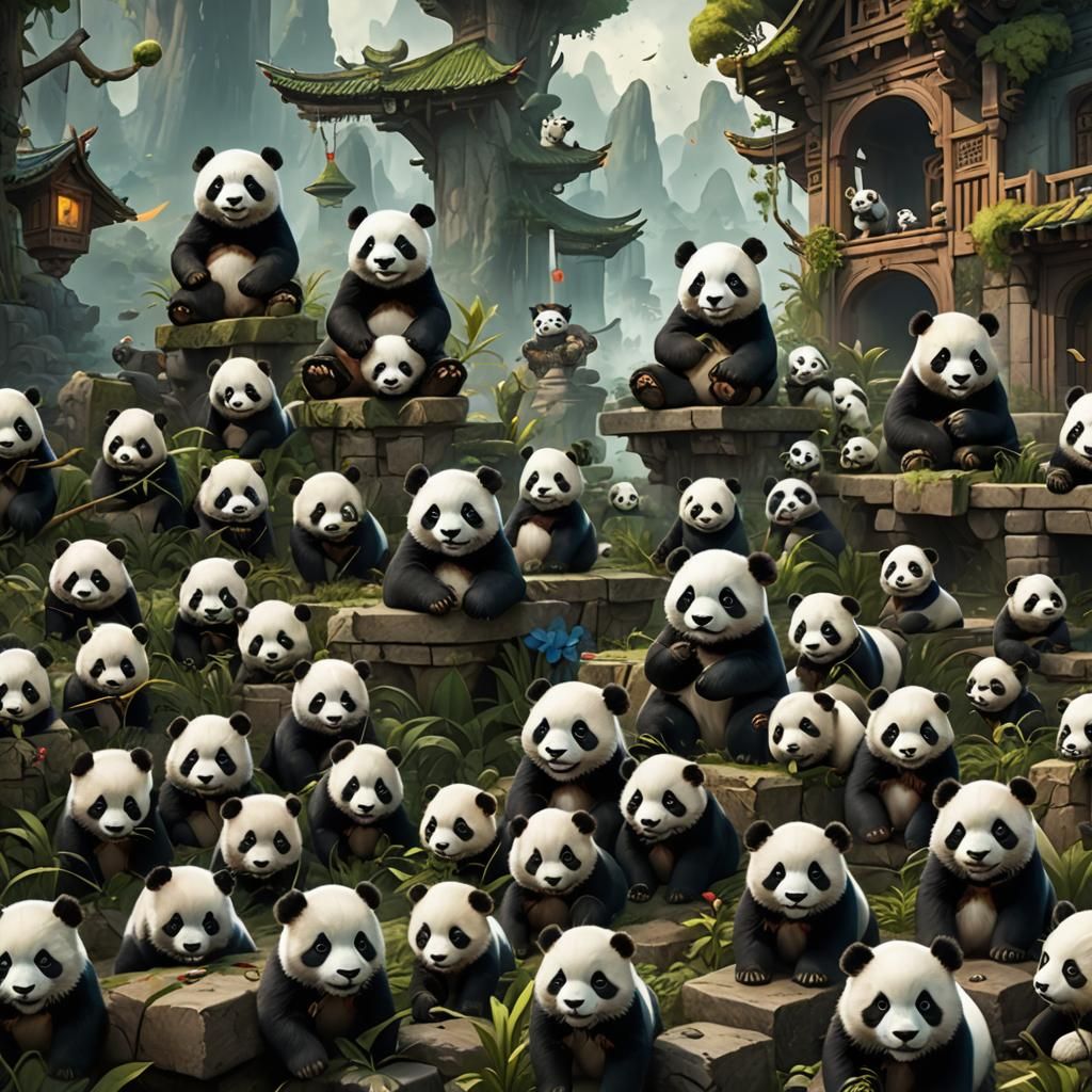 Pandas and Puppies Matte Painting in Deep Color