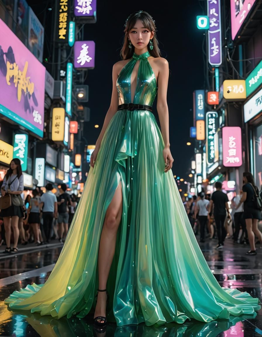 Glittering Green Dress in Anime Art Style