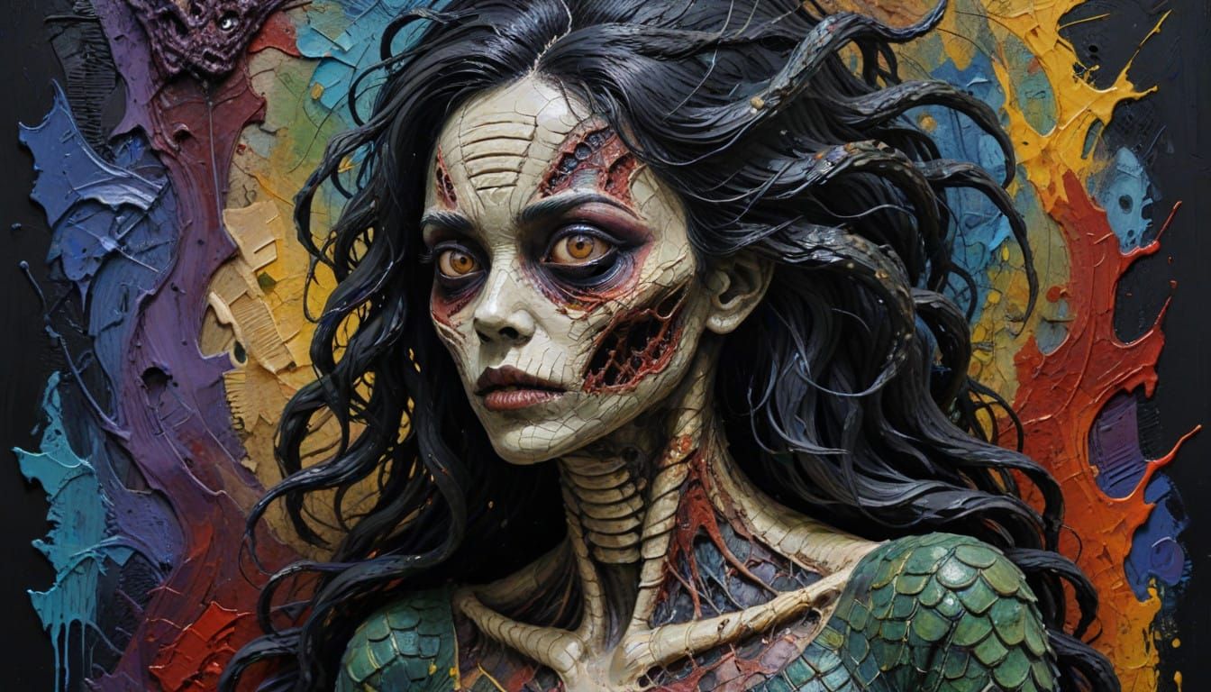 Grotesque Horror Portrait in Dark Impasto Colors