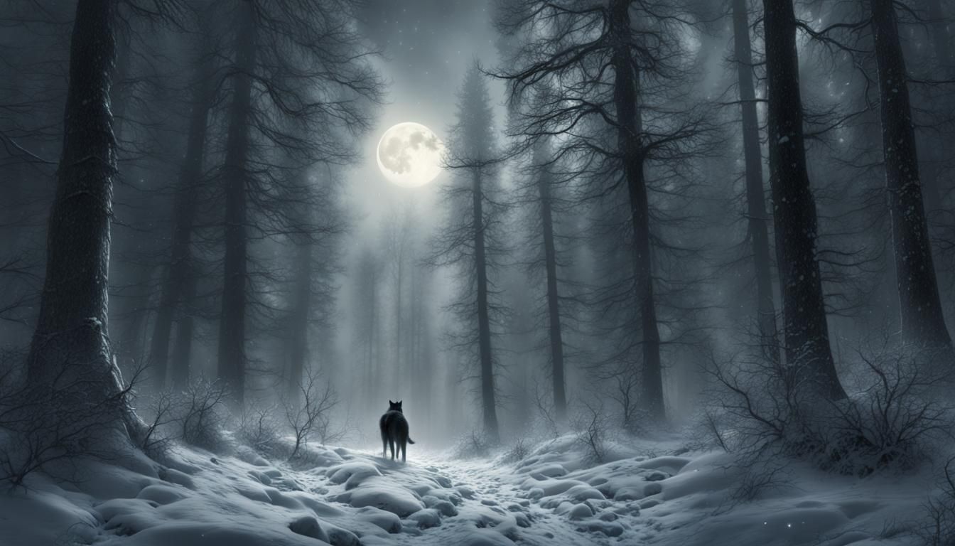 Lone Wolf in Winter Forest, Digital Matte Painting
