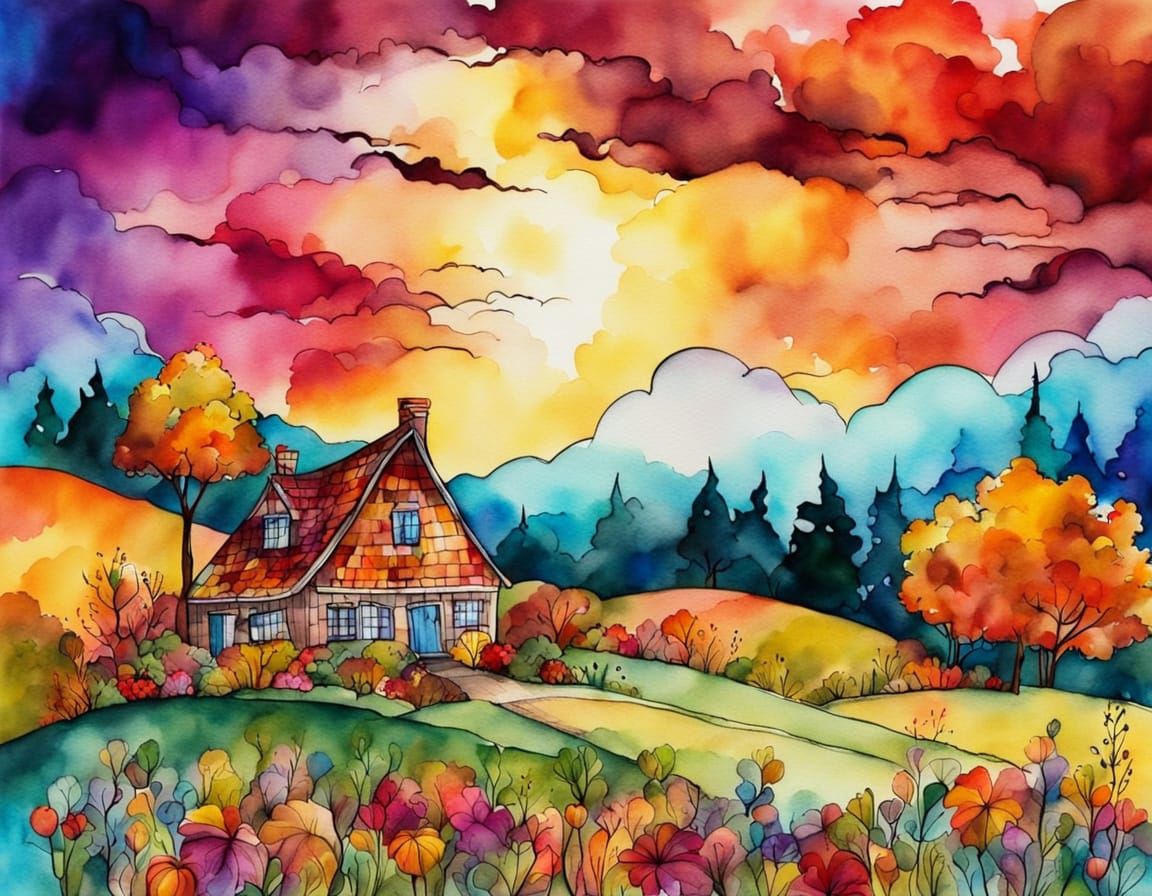 Whimsical Autumn Cottage Landscape in Folk Art Style