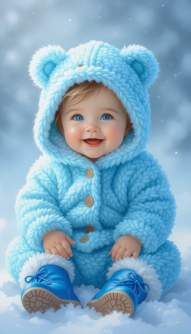 Joyful Toddler in Knitted Romper, Hyperrealistic Digital Art