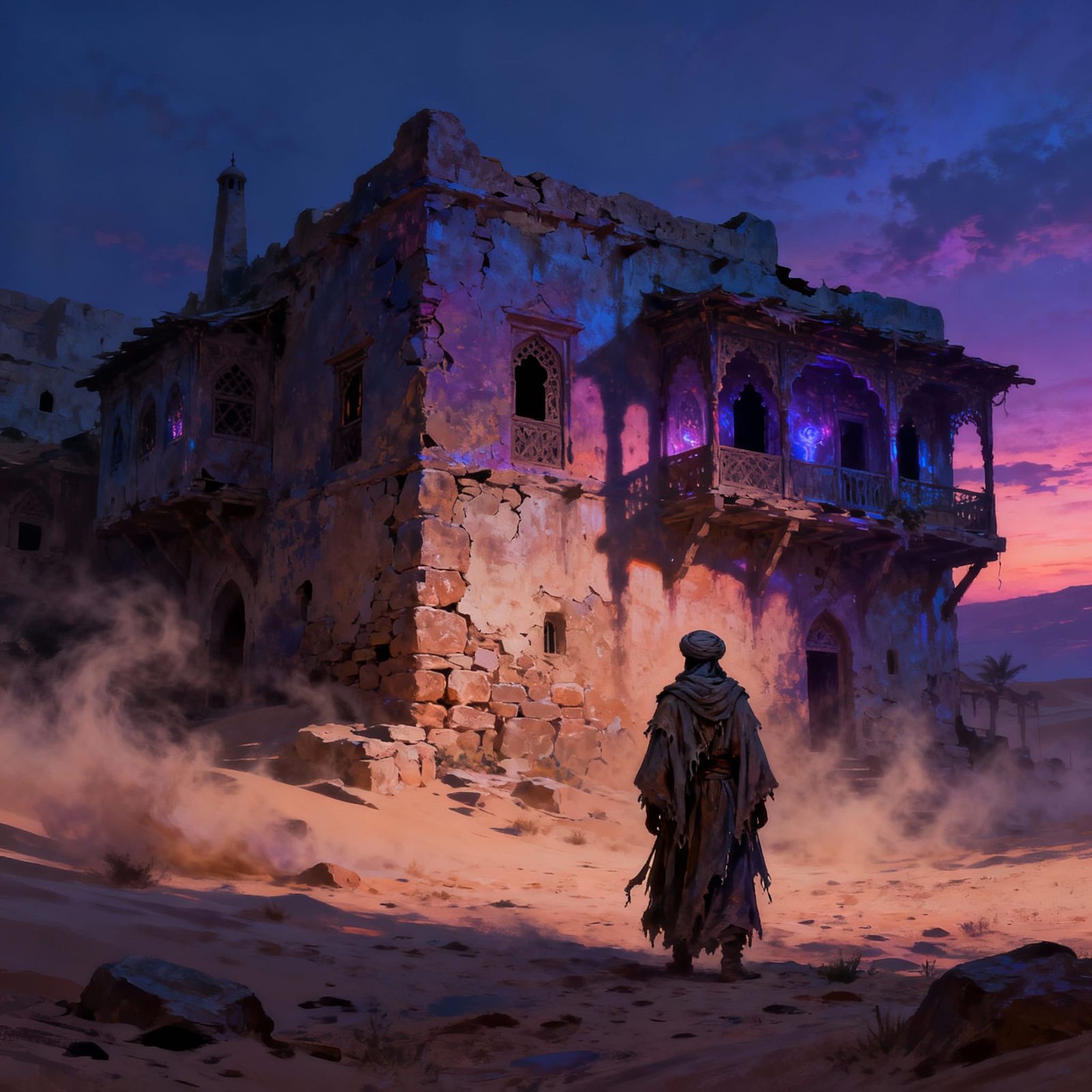 Nomad Before Crumbling Arabian Cottage at Twilight