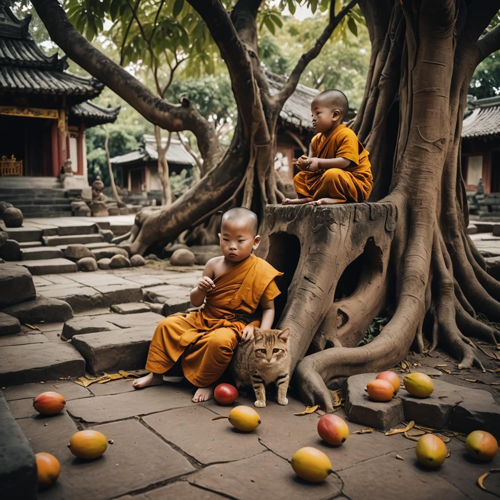 Cute Baby Monks with Mango and Cat: Cinematic Still