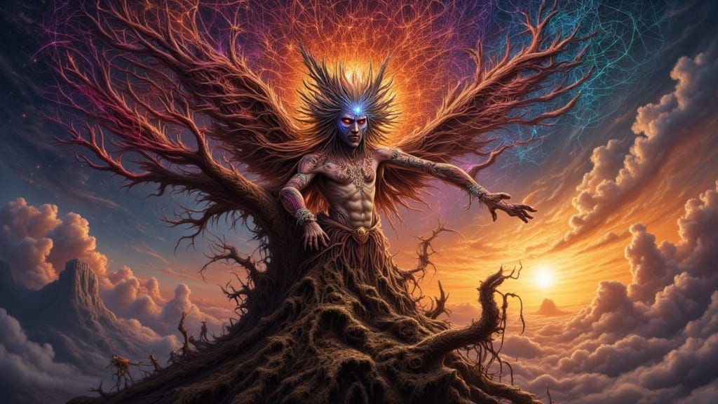 Fractal Shaman Summons Storm in Hyperrealistic Dreamscape