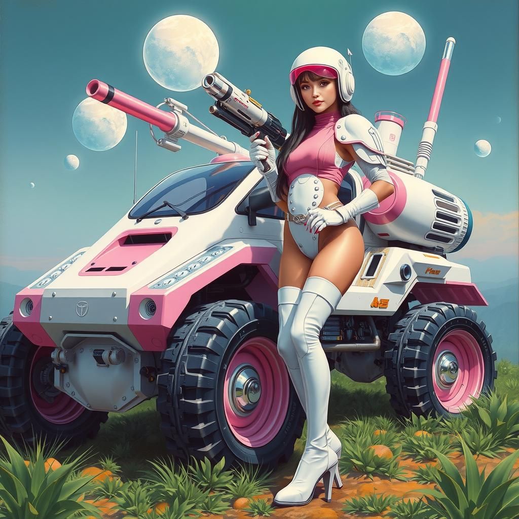 Retro 80s Sci-Fi Model with Futuristic Tank