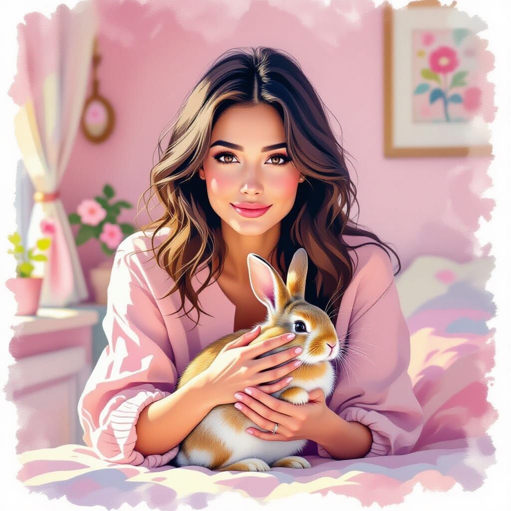 Woman Petting Rabbit in Pink Room: Watercolor Gouache