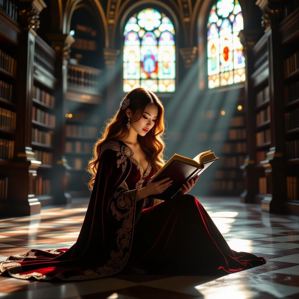 Asian Princess Reads in Art Nouveau Library