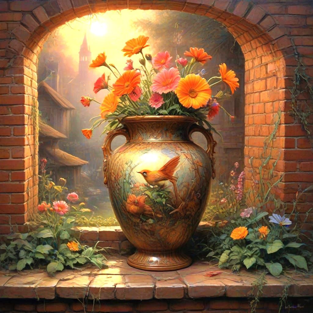 Whimsical Vase Scene in Dreamlike Style