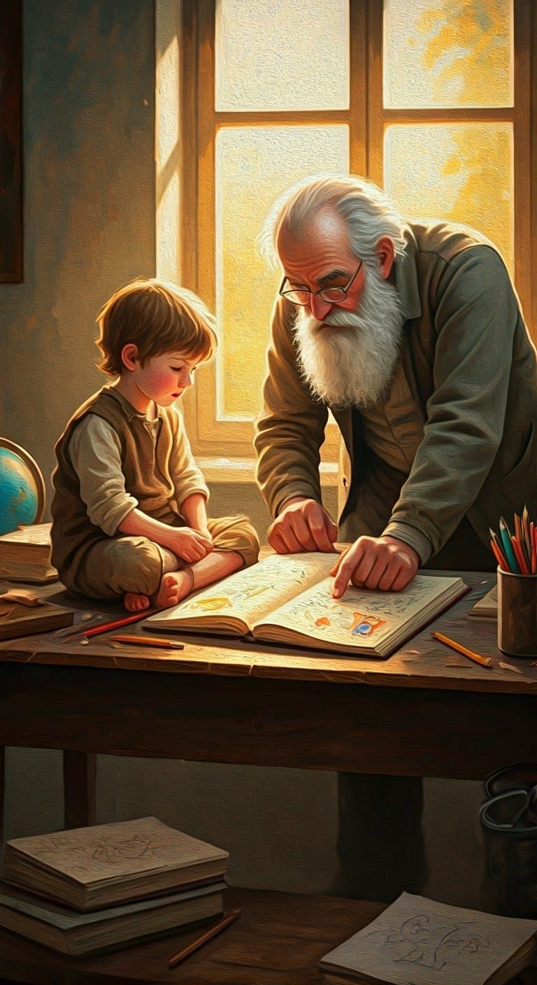 Young Child Learns with Intergenerational Tutor in Sunlit Cl...