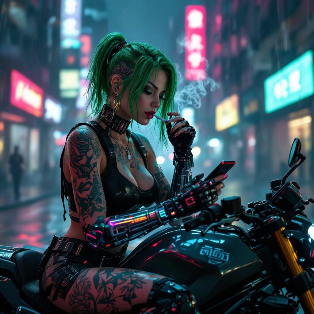 Cyberpunk Biker Woman with Cybernetic Arm in Neon City