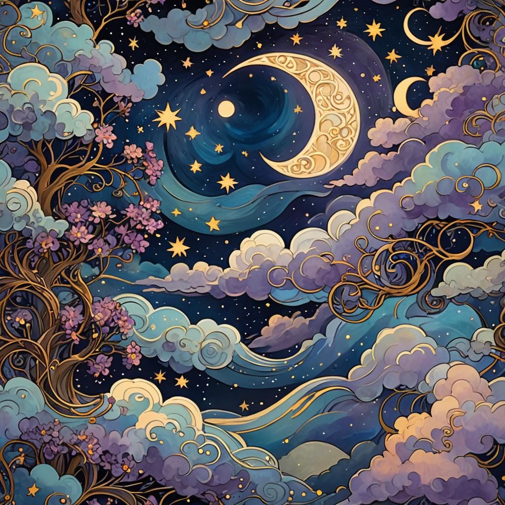 Art Nouveau Starry Night with Swirling Clouds