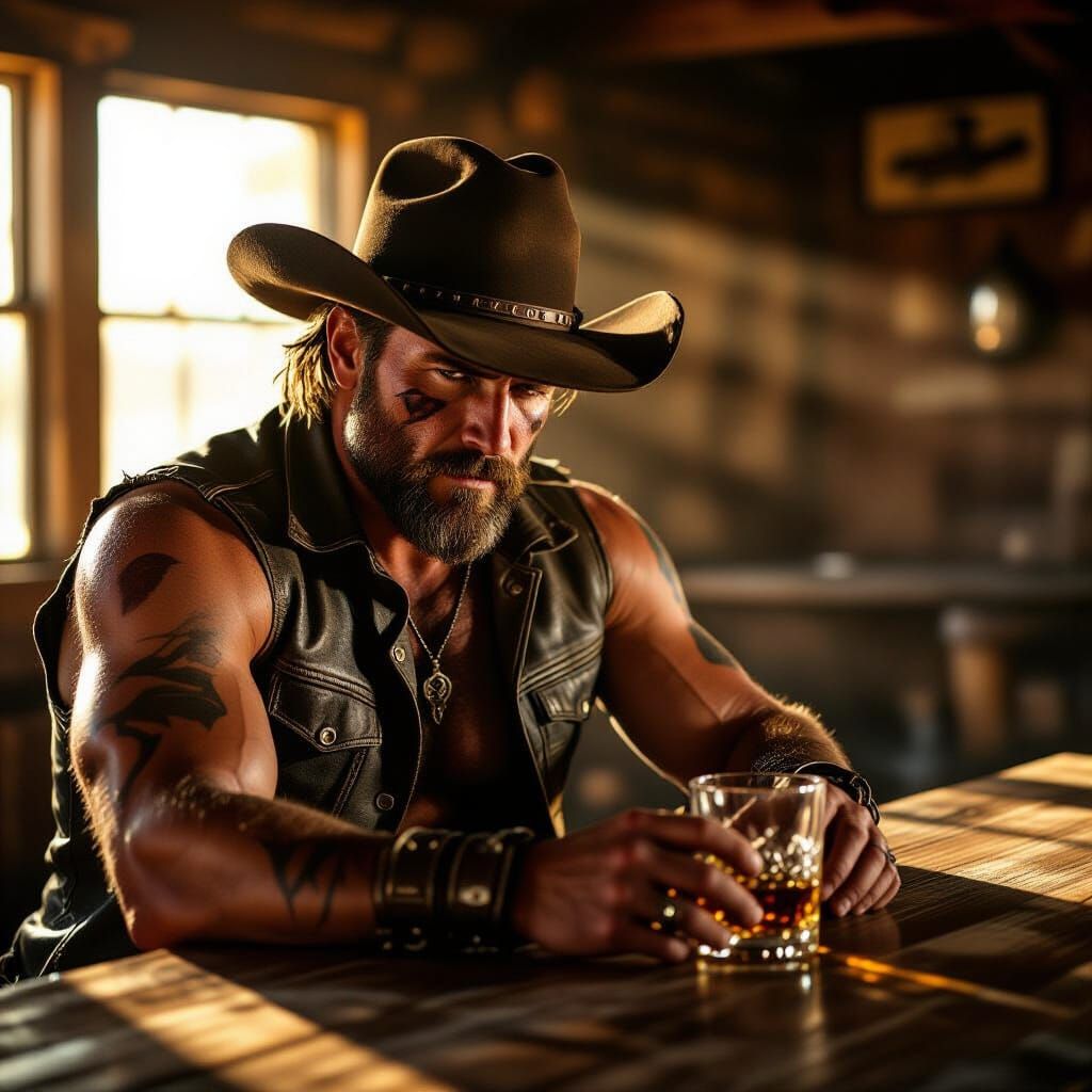 Biker in Dusty Bar Drinks Whiskey in Golden Hour Light
