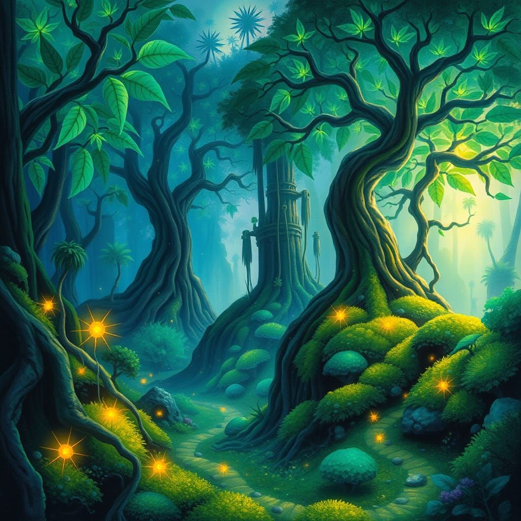 Vibrant Jungle Valley in Impressionist Style