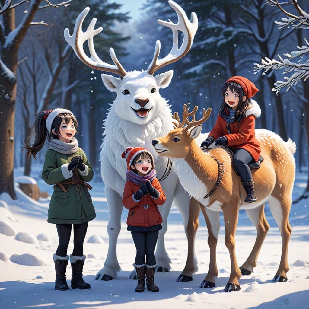 Anime Family Creates Snow Reindeer with Joyful Laughter